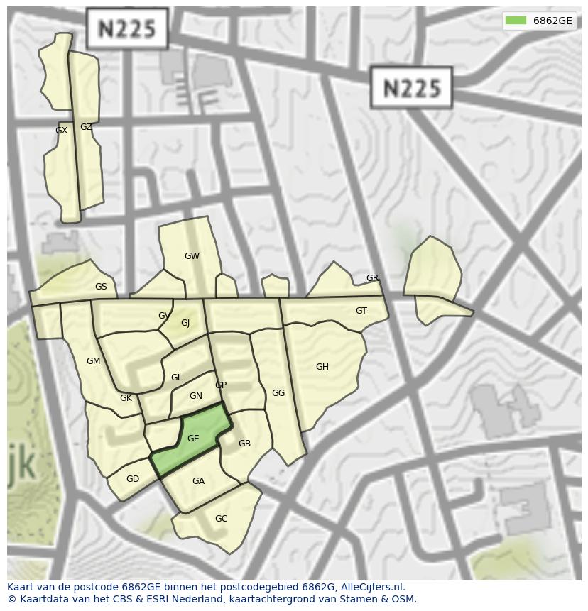 Afbeelding van het postcodegebied 6862 GE op de kaart.