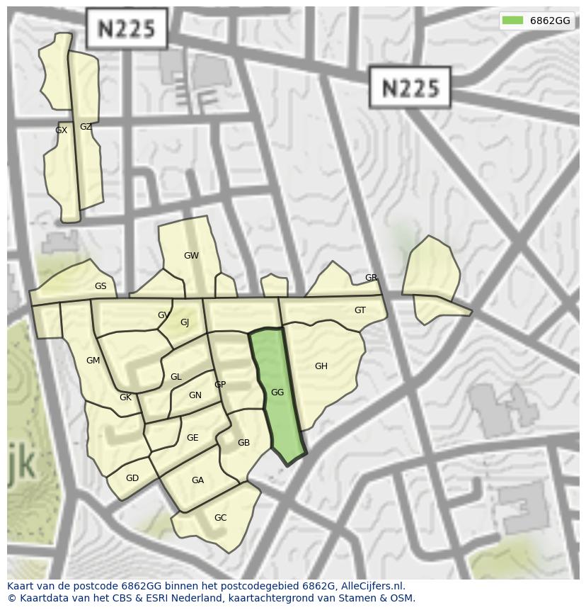 Afbeelding van het postcodegebied 6862 GG op de kaart.