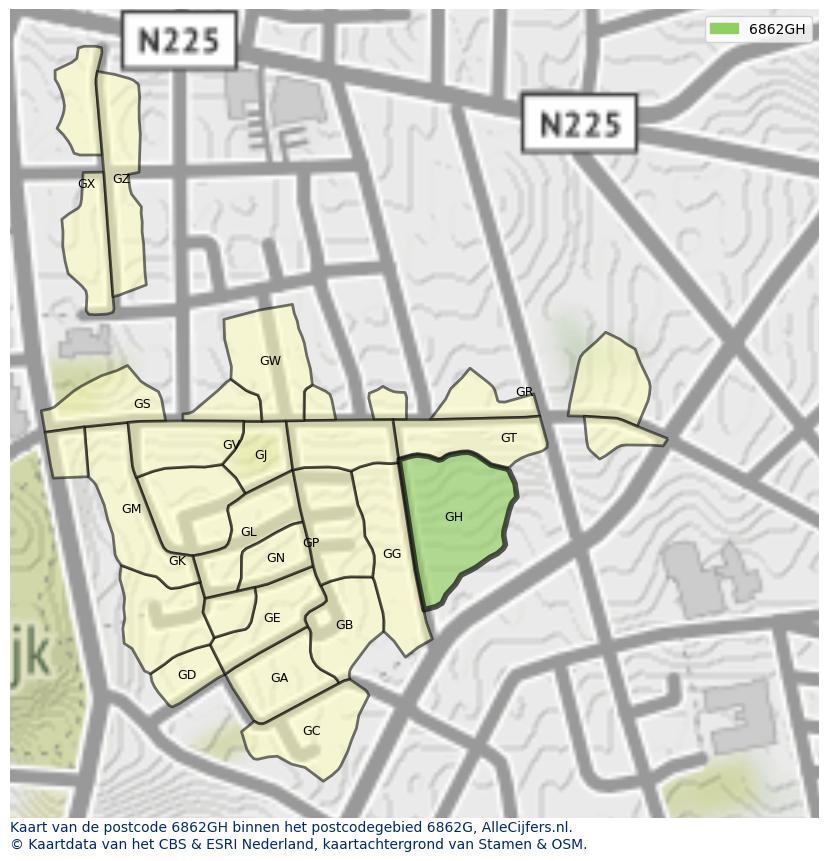 Afbeelding van het postcodegebied 6862 GH op de kaart.