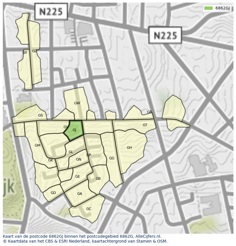 Afbeelding van het postcodegebied 6862 GJ op de kaart.