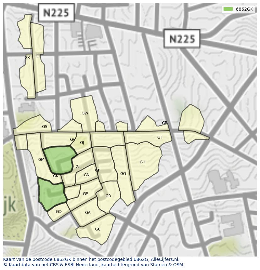Afbeelding van het postcodegebied 6862 GK op de kaart.
