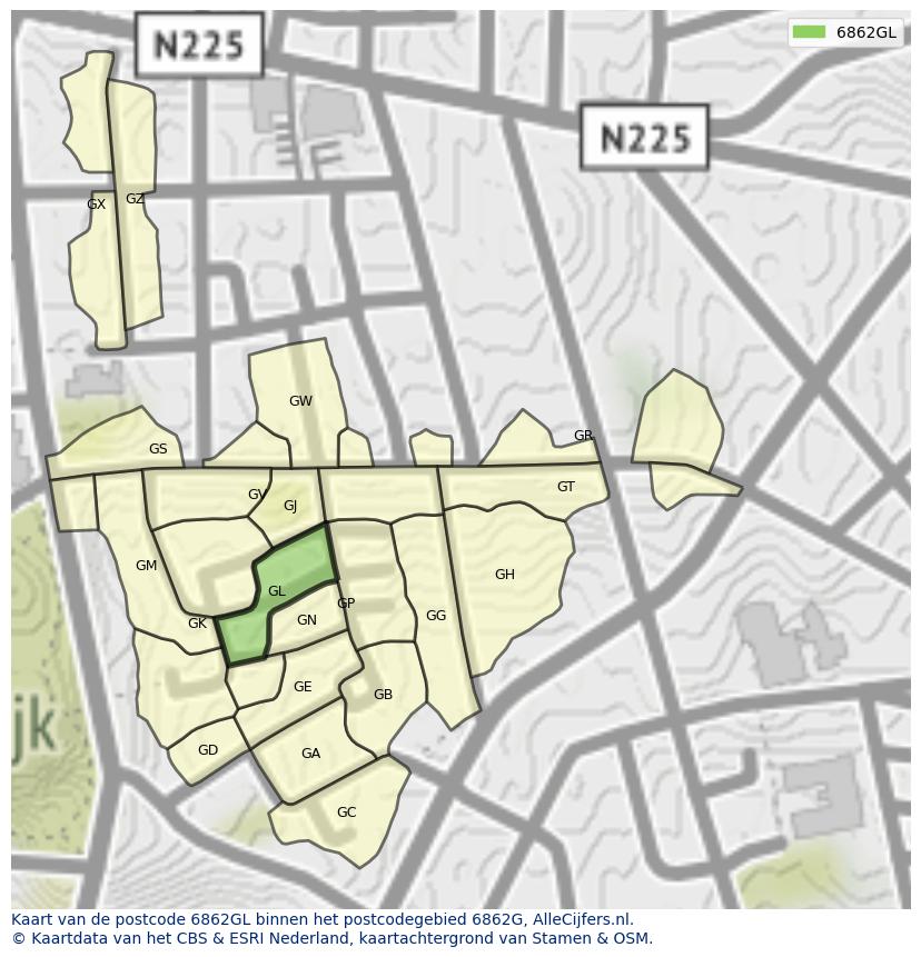 Afbeelding van het postcodegebied 6862 GL op de kaart.