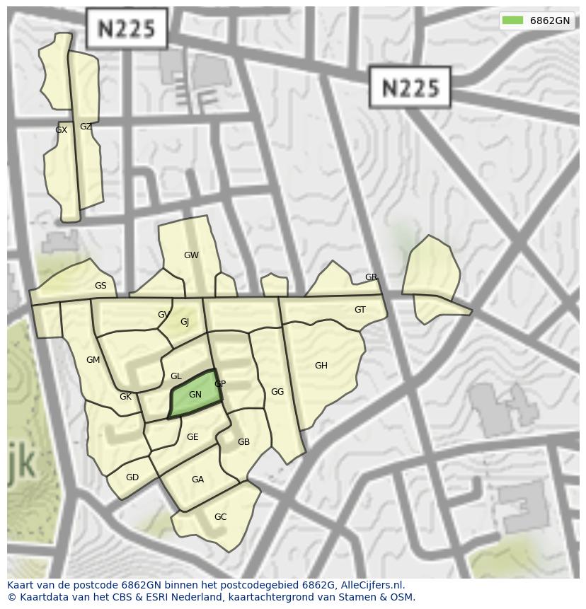 Afbeelding van het postcodegebied 6862 GN op de kaart.