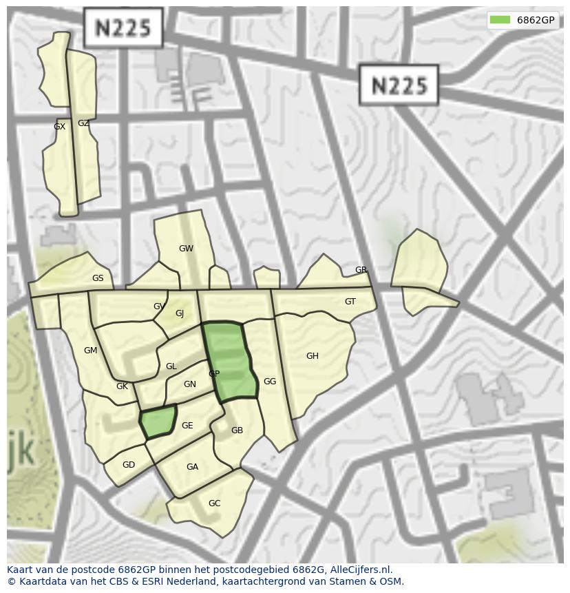 Afbeelding van het postcodegebied 6862 GP op de kaart.