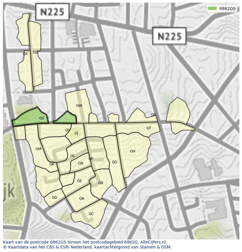 Afbeelding van het postcodegebied 6862 GS op de kaart.