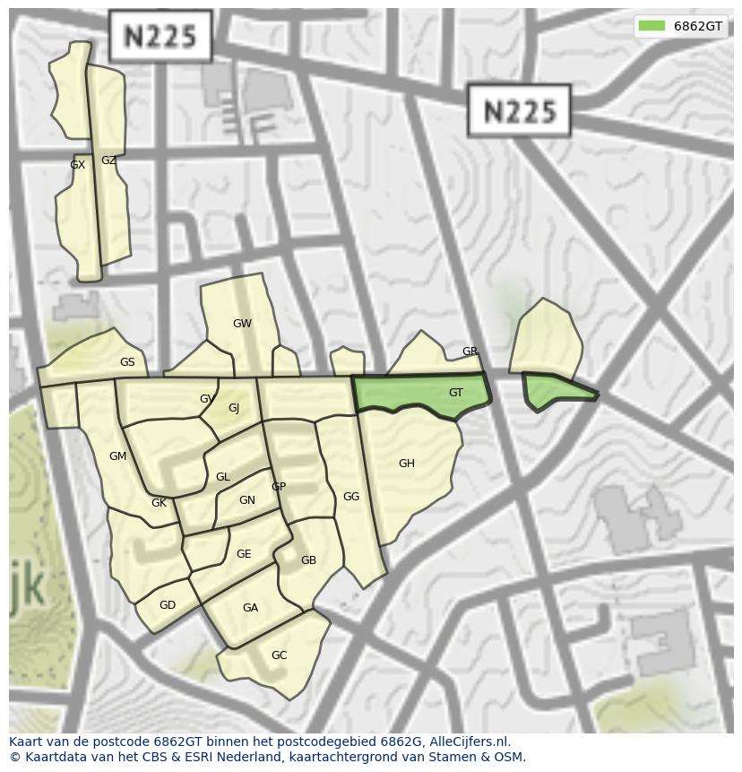 Afbeelding van het postcodegebied 6862 GT op de kaart.