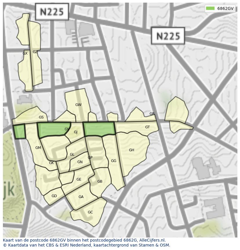 Afbeelding van het postcodegebied 6862 GV op de kaart.