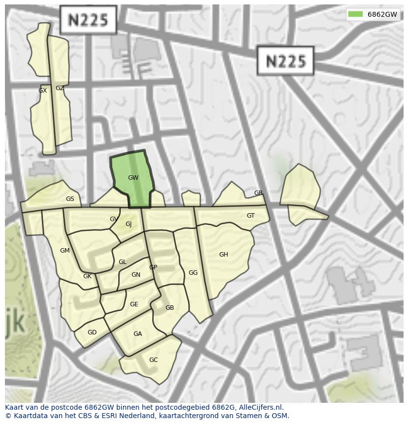 Afbeelding van het postcodegebied 6862 GW op de kaart.