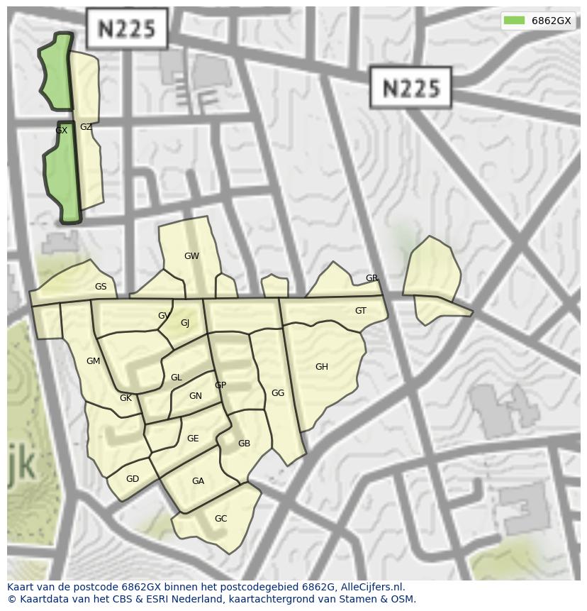 Afbeelding van het postcodegebied 6862 GX op de kaart.