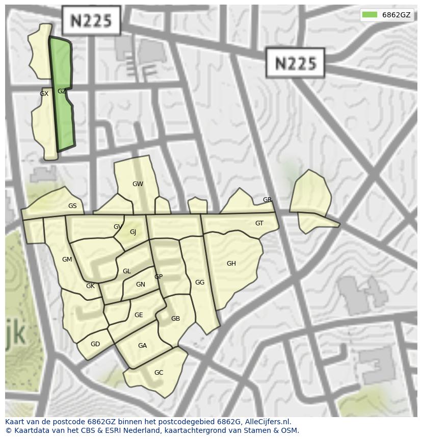 Afbeelding van het postcodegebied 6862 GZ op de kaart.