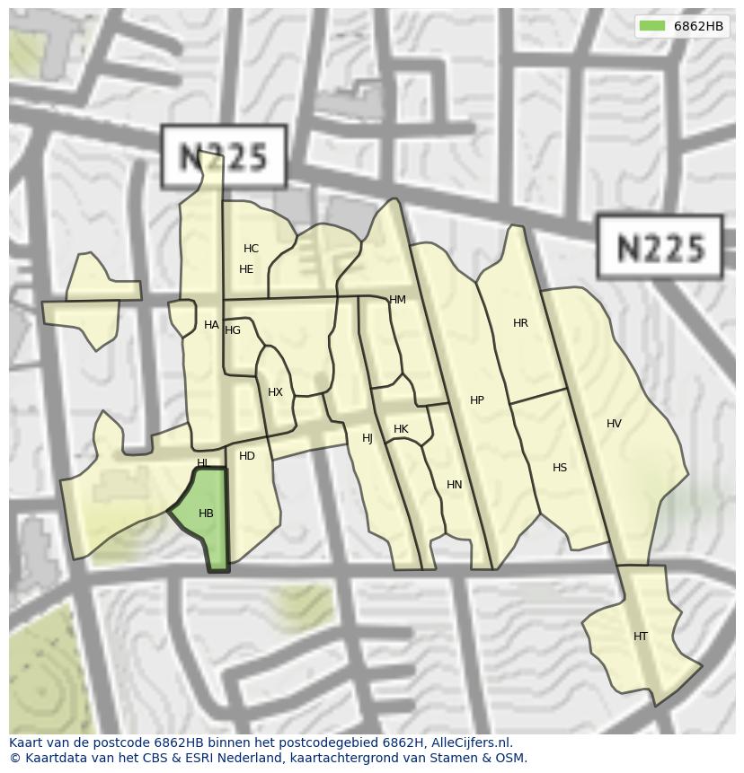 Afbeelding van het postcodegebied 6862 HB op de kaart.