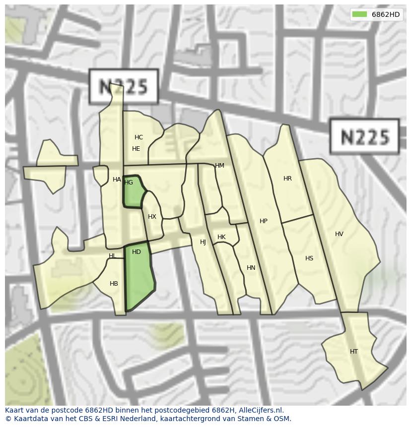 Afbeelding van het postcodegebied 6862 HD op de kaart.