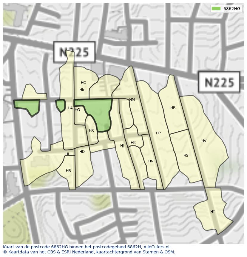 Afbeelding van het postcodegebied 6862 HG op de kaart.