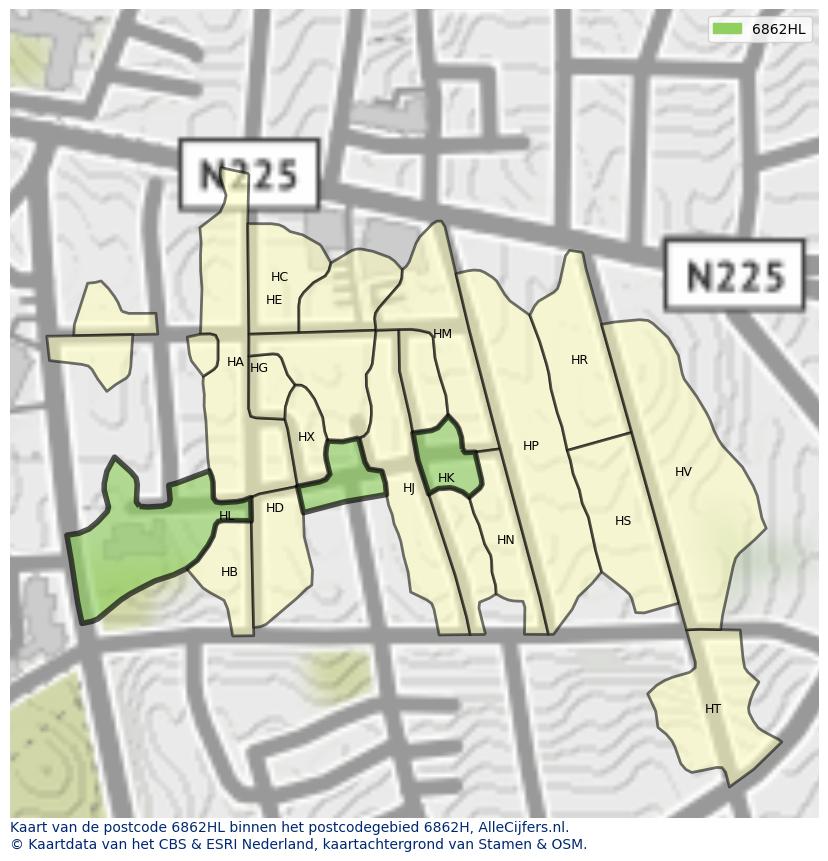Afbeelding van het postcodegebied 6862 HL op de kaart.