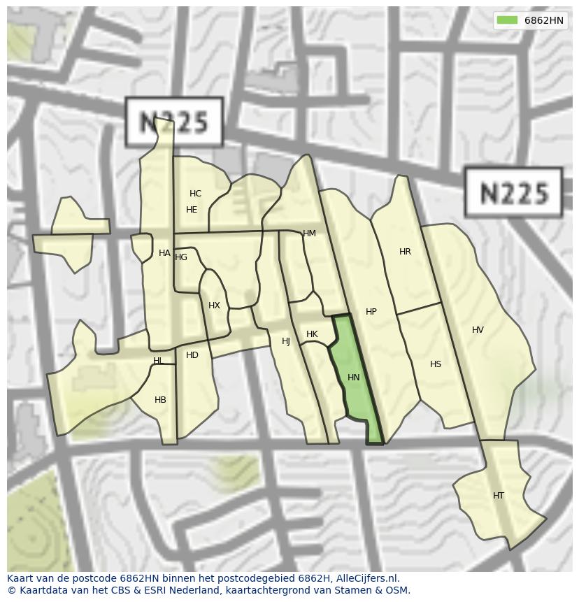 Afbeelding van het postcodegebied 6862 HN op de kaart.