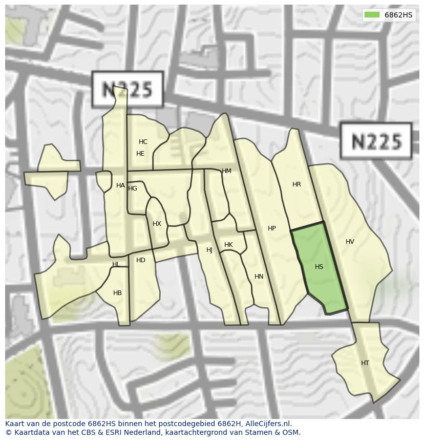 Afbeelding van het postcodegebied 6862 HS op de kaart.