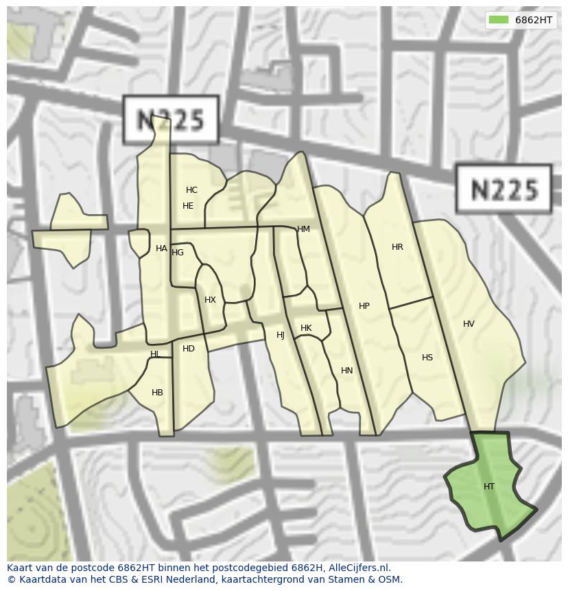 Afbeelding van het postcodegebied 6862 HT op de kaart.