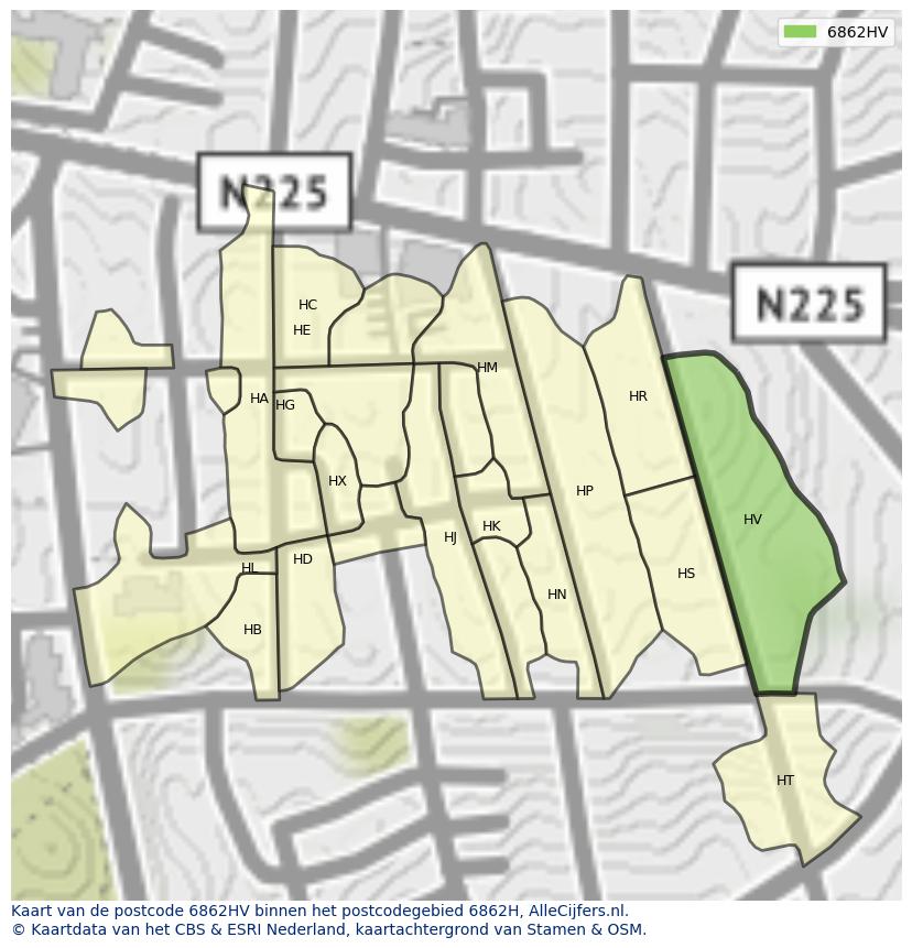 Afbeelding van het postcodegebied 6862 HV op de kaart.