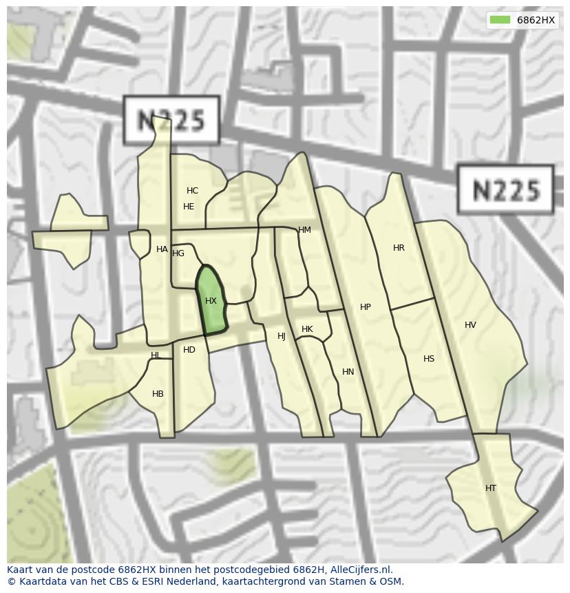 Afbeelding van het postcodegebied 6862 HX op de kaart.