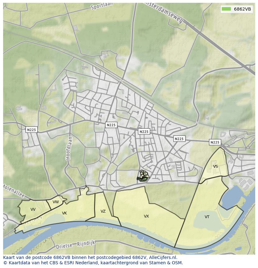 Afbeelding van het postcodegebied 6862 VB op de kaart.