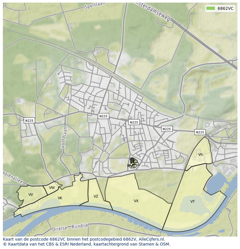 Afbeelding van het postcodegebied 6862 VC op de kaart.