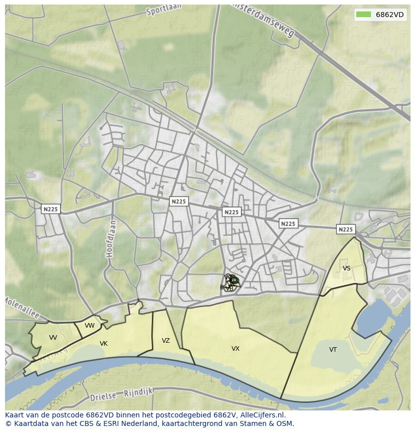 Afbeelding van het postcodegebied 6862 VD op de kaart.