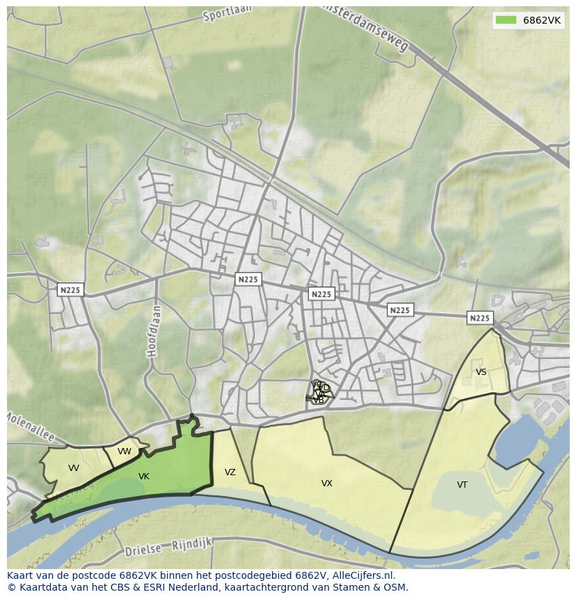Afbeelding van het postcodegebied 6862 VK op de kaart.