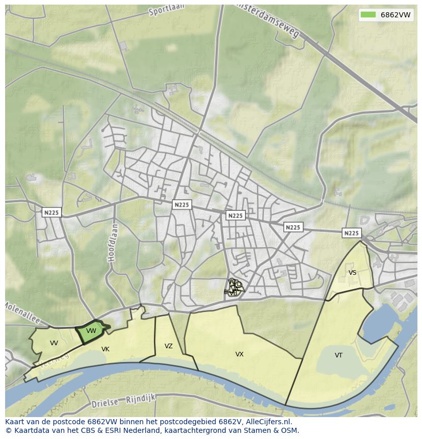 Afbeelding van het postcodegebied 6862 VW op de kaart.