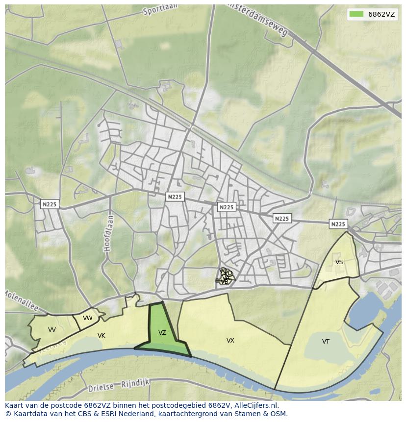 Afbeelding van het postcodegebied 6862 VZ op de kaart.
