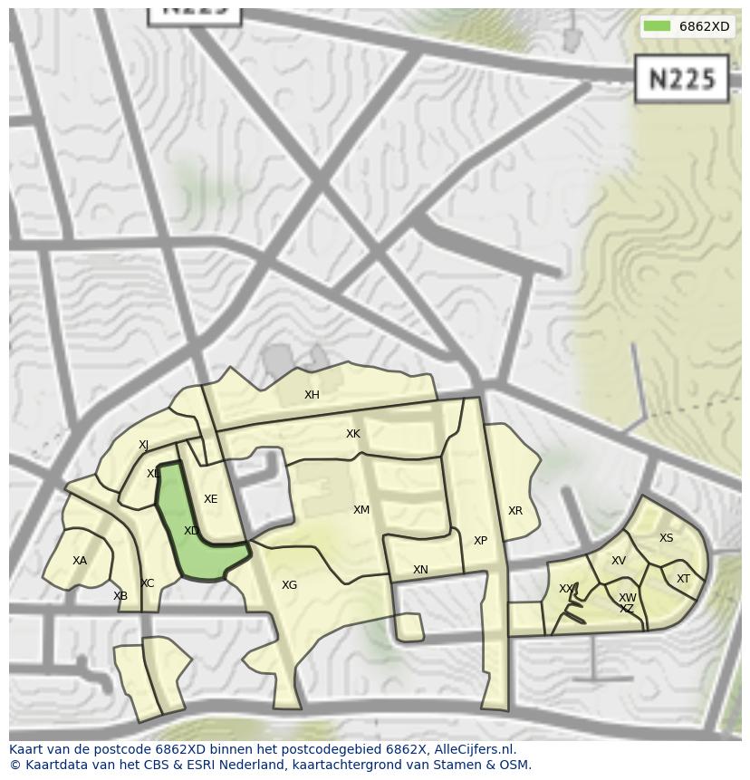 Afbeelding van het postcodegebied 6862 XD op de kaart.
