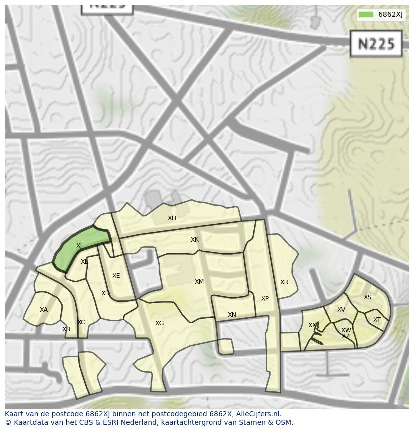 Afbeelding van het postcodegebied 6862 XJ op de kaart.