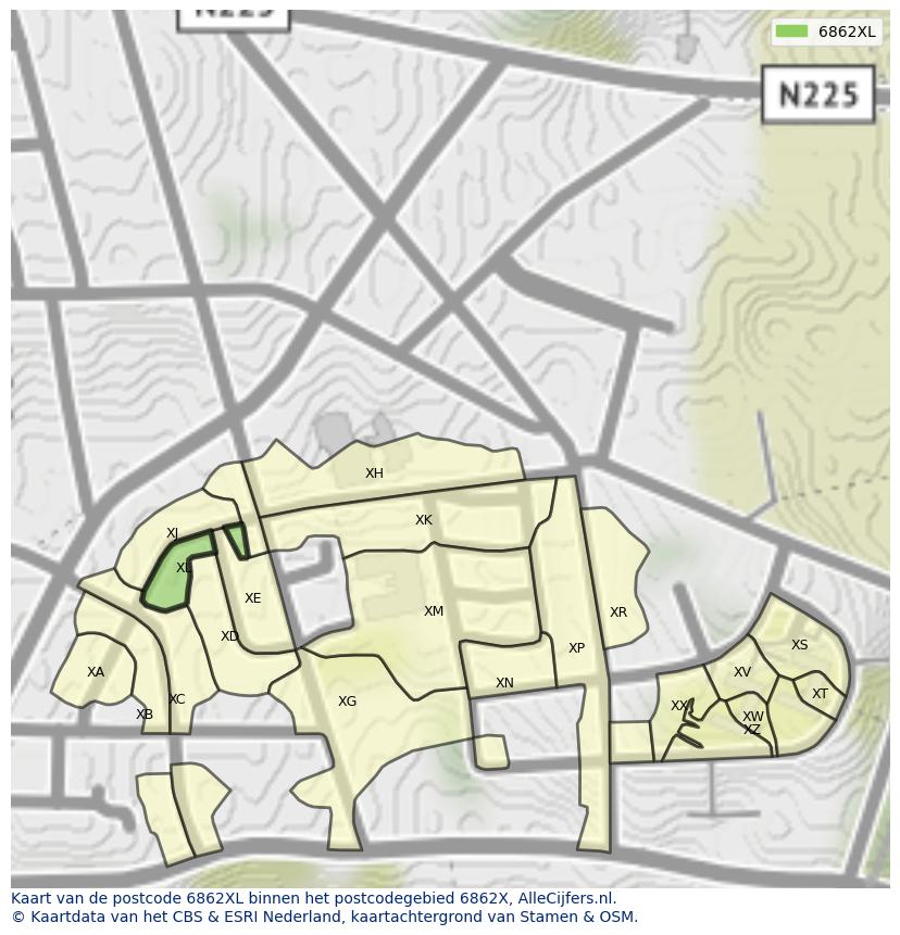 Afbeelding van het postcodegebied 6862 XL op de kaart.
