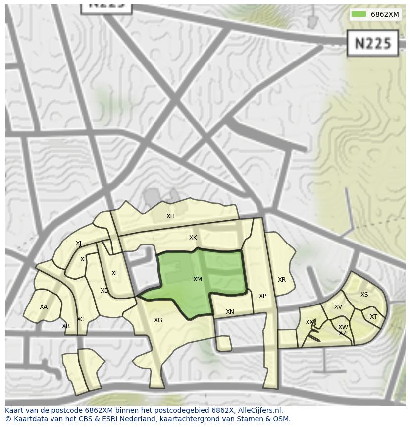 Afbeelding van het postcodegebied 6862 XM op de kaart.