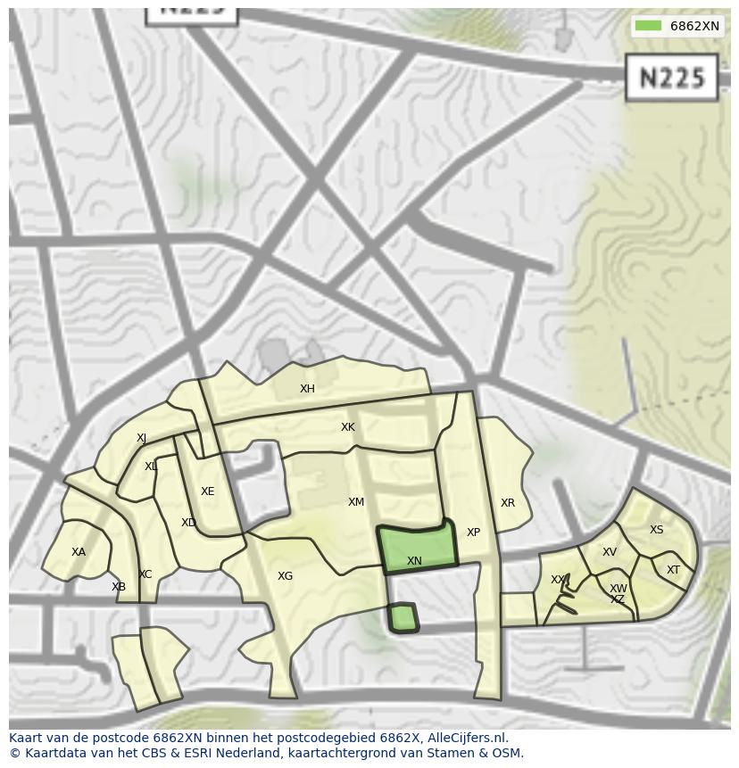 Afbeelding van het postcodegebied 6862 XN op de kaart.