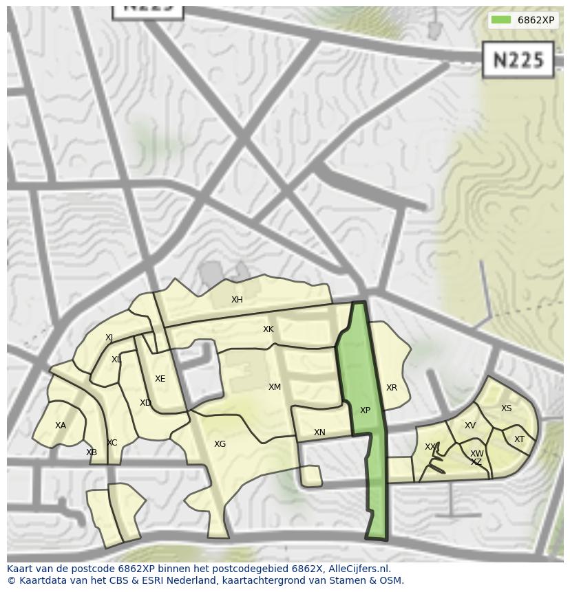 Afbeelding van het postcodegebied 6862 XP op de kaart.