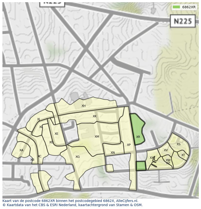 Afbeelding van het postcodegebied 6862 XR op de kaart.