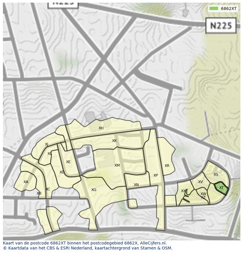 Afbeelding van het postcodegebied 6862 XT op de kaart.