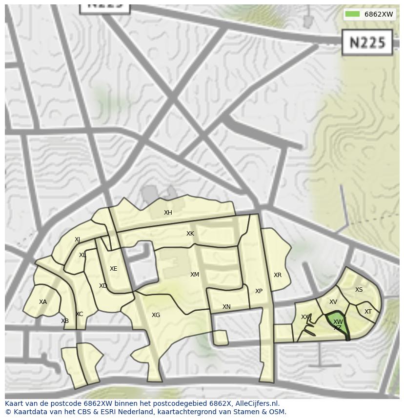 Afbeelding van het postcodegebied 6862 XW op de kaart.