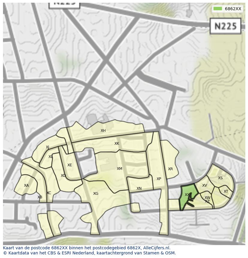 Afbeelding van het postcodegebied 6862 XX op de kaart.