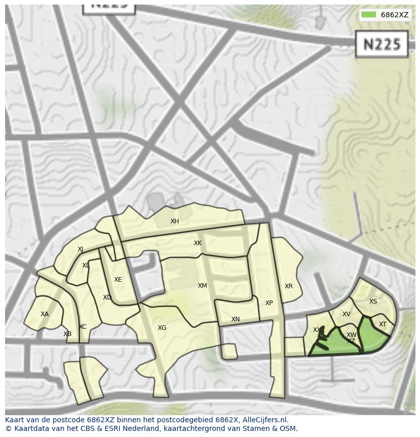 Afbeelding van het postcodegebied 6862 XZ op de kaart.