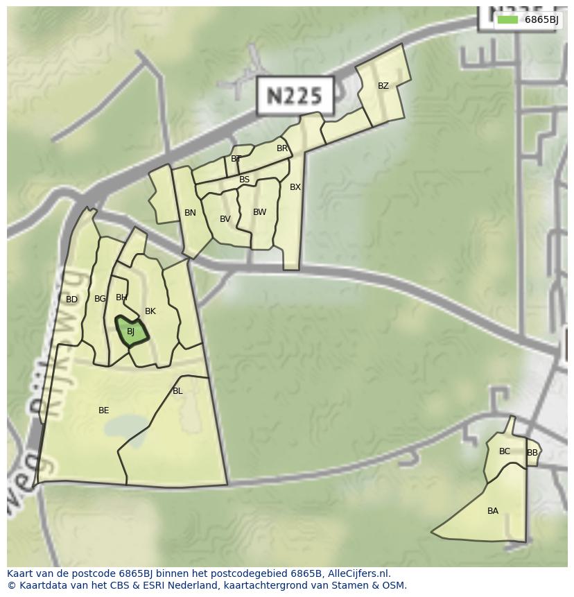 Afbeelding van het postcodegebied 6865 BJ op de kaart.