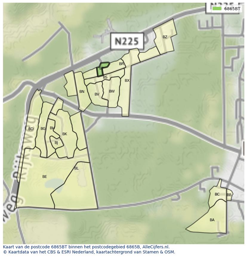 Afbeelding van het postcodegebied 6865 BT op de kaart.