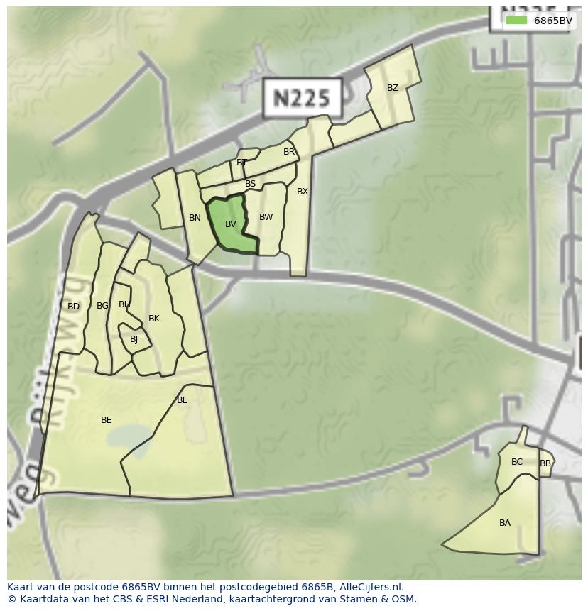 Afbeelding van het postcodegebied 6865 BV op de kaart.