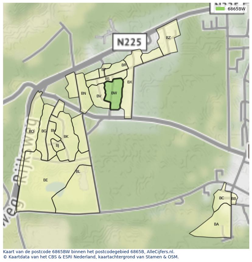 Afbeelding van het postcodegebied 6865 BW op de kaart.