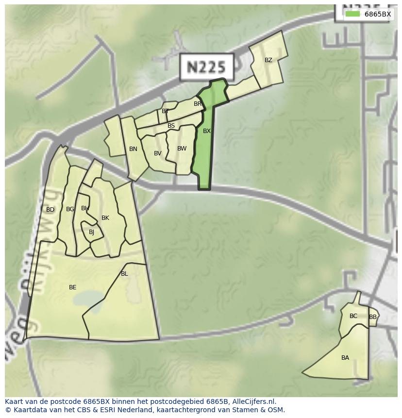 Afbeelding van het postcodegebied 6865 BX op de kaart.