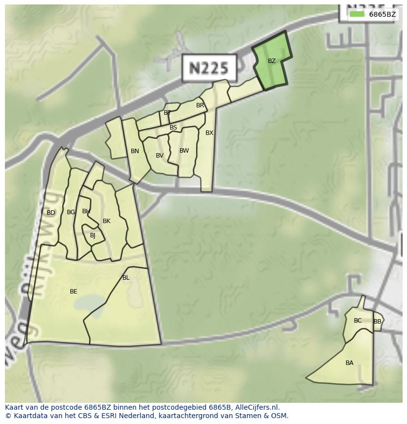 Afbeelding van het postcodegebied 6865 BZ op de kaart.