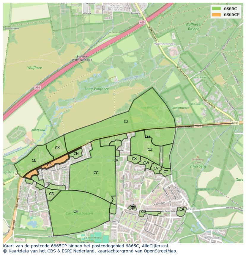 Afbeelding van het postcodegebied 6865 CP op de kaart.