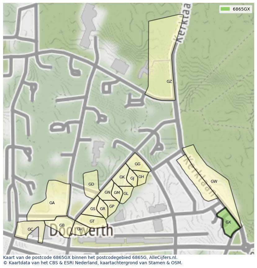 Afbeelding van het postcodegebied 6865 GX op de kaart.