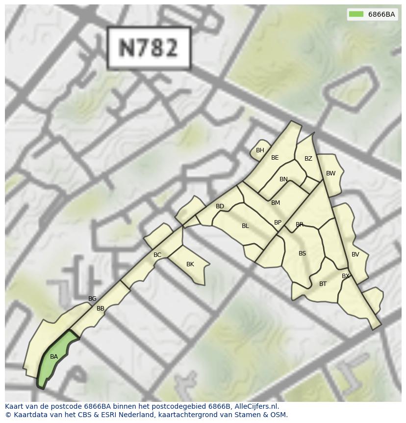 Afbeelding van het postcodegebied 6866 BA op de kaart.