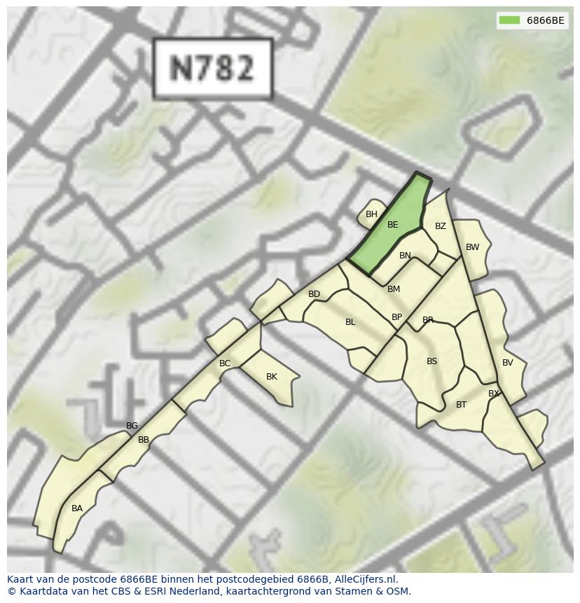 Afbeelding van het postcodegebied 6866 BE op de kaart.